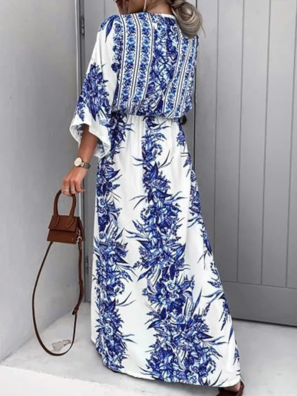 Buttoned Drawstring Flower Print Pleated Tied Waist Long Sleeves Loose V-Neck Maxi Dresses
