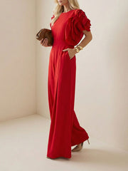 Falbala Solid Color Loose Short Sleeves Round-Neck Jumpsuits