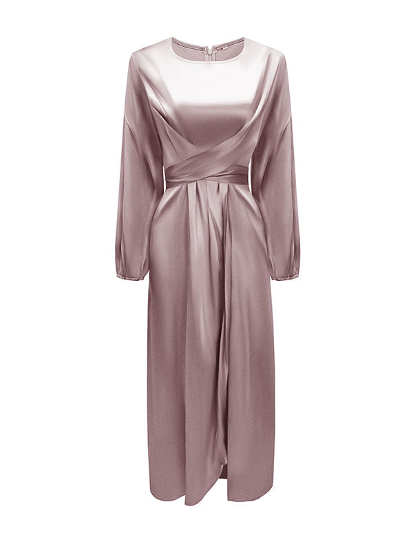 High-Waisted Solid Color Tied Waist Zipper Wrap Round-neck Maxi Dresses