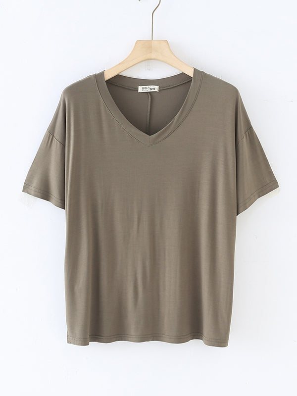 Solid Color Split-Joint Loose Short Sleeves V-neck T-Shirts Tops