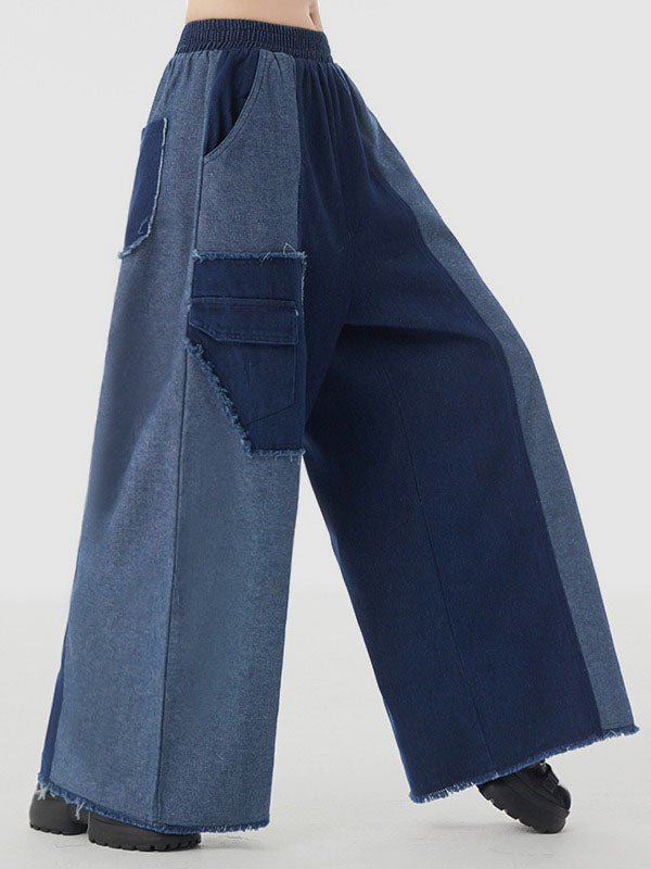 Contrast Color Elasticity Fringed Split-Joint High Waisted Loose Jean Pants Bottoms