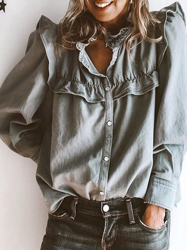 Buttoned Pleated Ruffled Solid Color Split-Joint Long Sleeves Loose Stand Collar Blouses&Shirts Tops