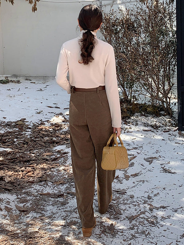 High-Waisted Pleated Solid Color Split-Joint Loose Wide Leg Trousers Pants