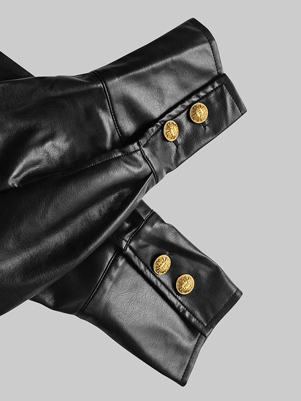 Long Sleeves Puff Sleeves Buttoned Pleated Solid Color V-Neck Midi Dresses