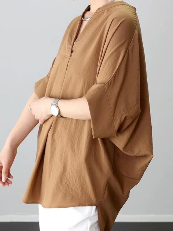 Pleated Solid Color Split-Joint Half Sleeves High-low V-neck Blouses&shirts Tops