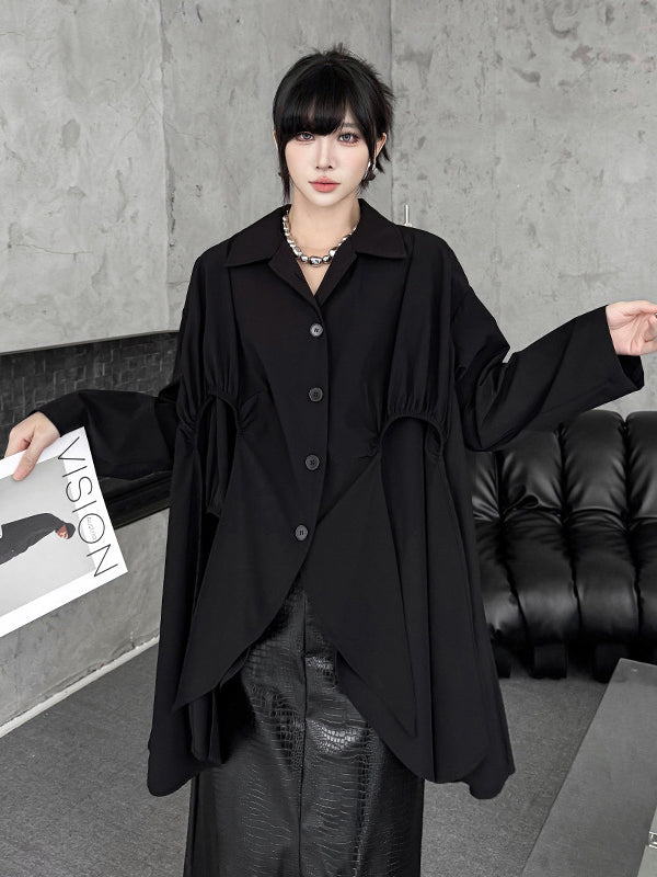 Buttoned Pleated Solid Color Split-Joint High-Low Irregularity Shirt Collar Blouses&Shirts Tops