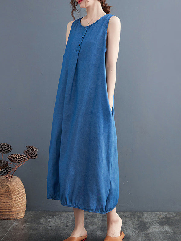 Buttoned Pleated Solid Color A-line Loose Round-neck Midi Dresses