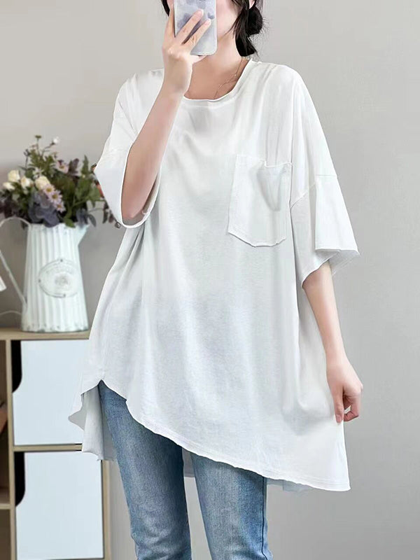 Asymmetric Solid Color Half Sleeves Loose Round-neck T-shirts