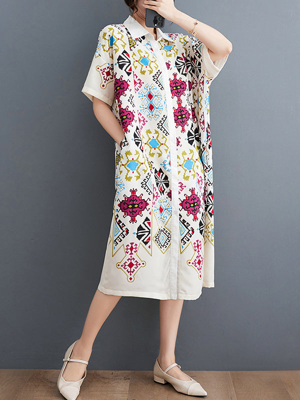 Ethnic Printed Loose Short Sleeves Lapel Midi Dresses