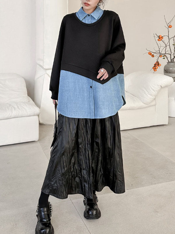 Asymmetric Buttoned Contrast Color Split-Joint False Two Long Sleeves Lapel Sweatshirt Tops