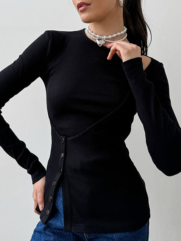 Asymmetric Buttoned Hollow Solid Color Split-Joint False Two Long Sleeves Round-Neck T-Shirts Tops