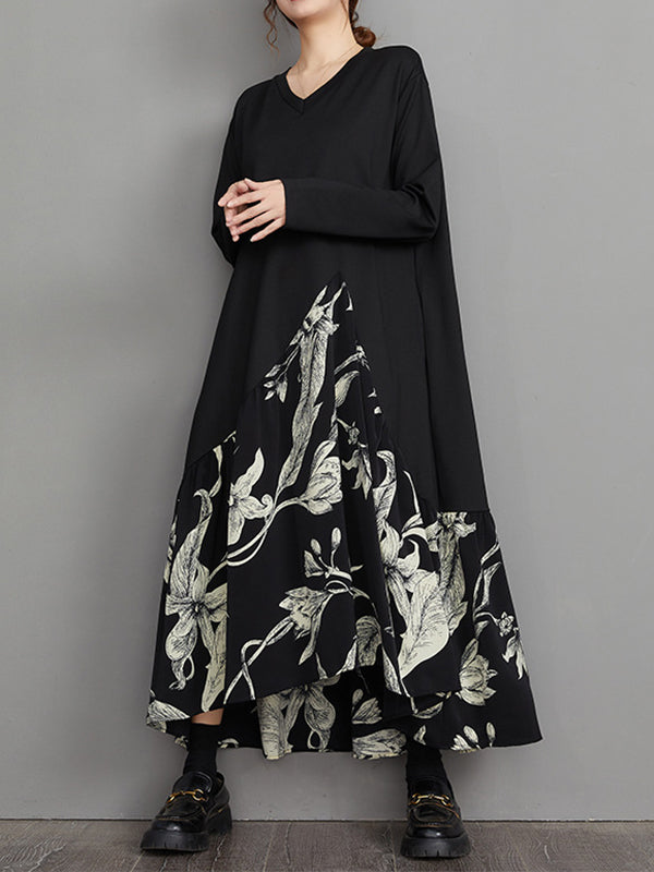 Asymmetric Flower Print Split-Joint A-Line High-Low V-Neck Midi Dresses