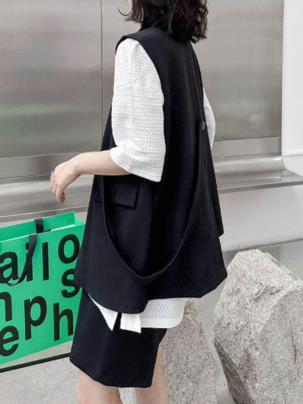 Elasticity Pleated Solid Color Split-Joint Loose Straight Leg Half Pants