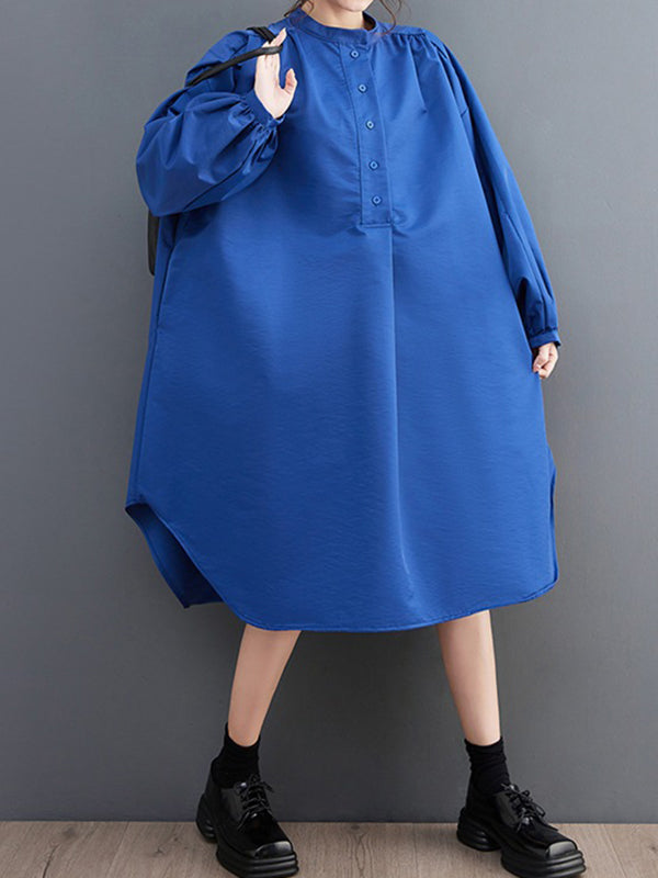 Loose Puff Sleeves Solid Color Stand Collar Midi Dresses