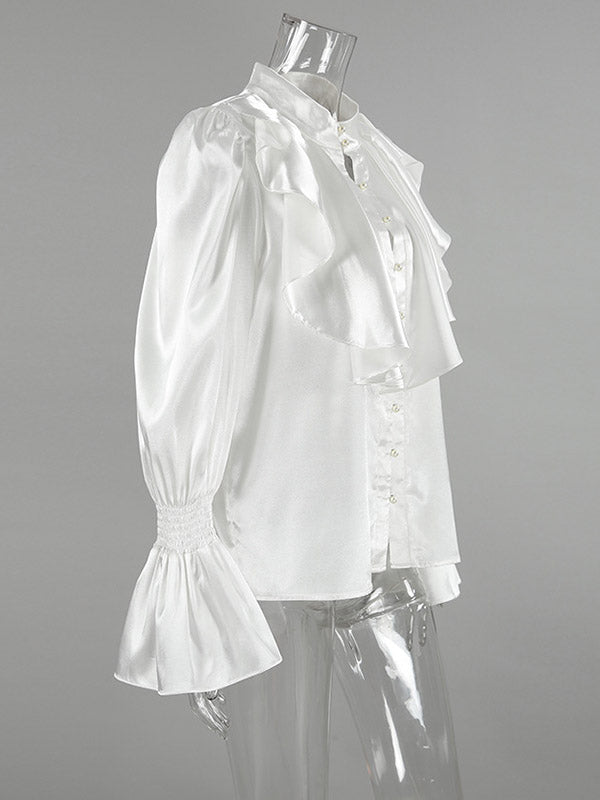Falbala Solid Color Split-Joint Flared Sleeves Loose Stand Collar Blouses&Shirts Tops