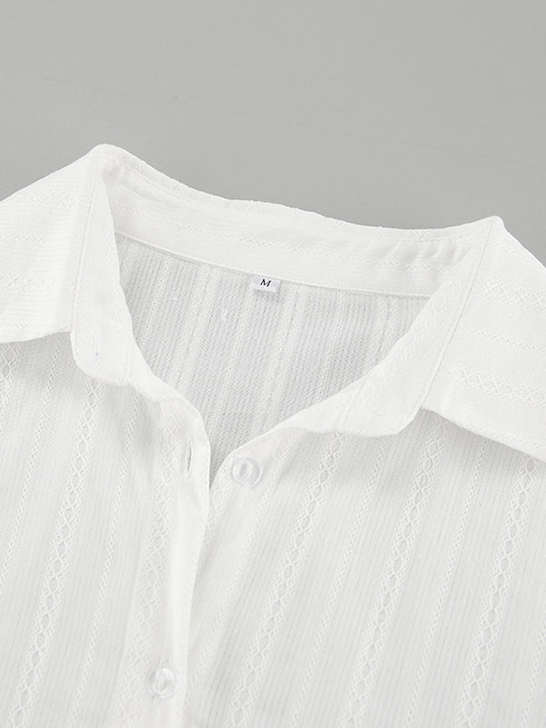 Drawstring See-Through Solid Color Split-Joint Loose Puff Sleeves Lapel Blouses&Shirts Tops