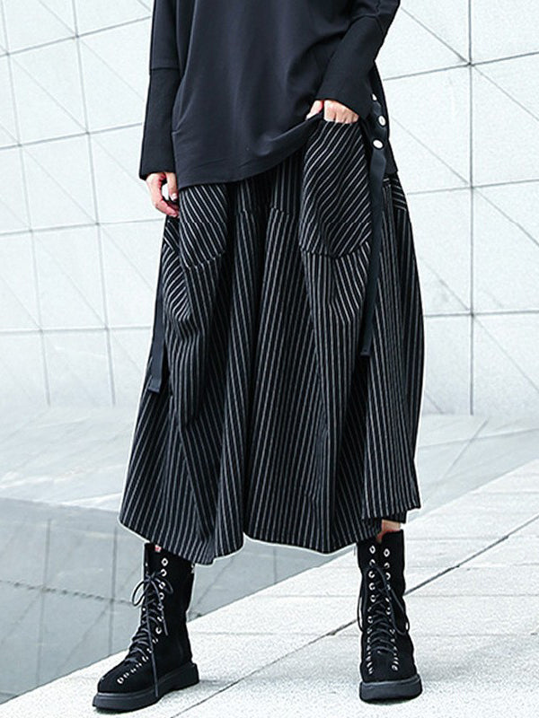 Elasticity Pockets Striped High Waisted Loose Pants Culotte
