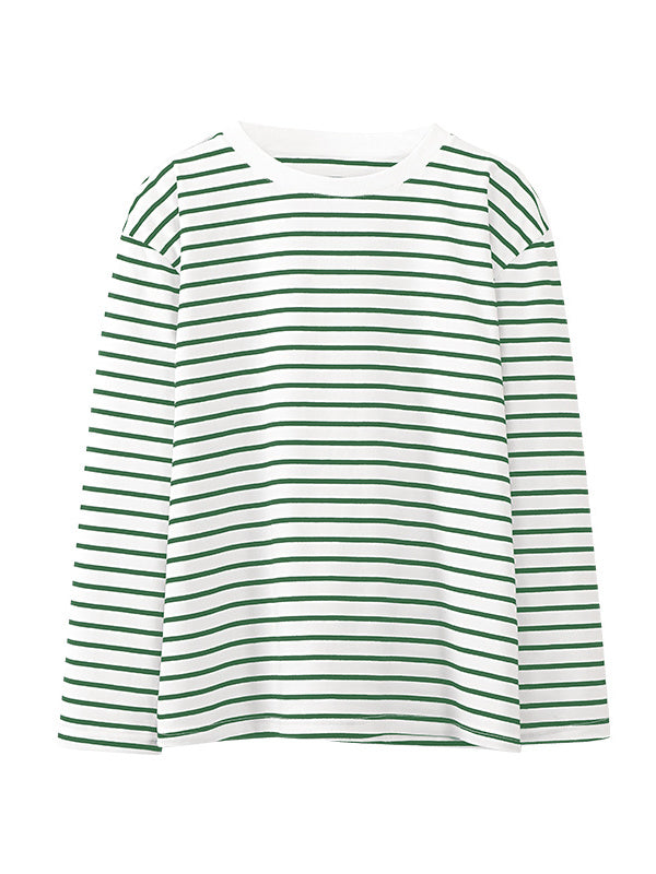 Striped Long Sleeves Loose Round-Neck T-Shirts Tops