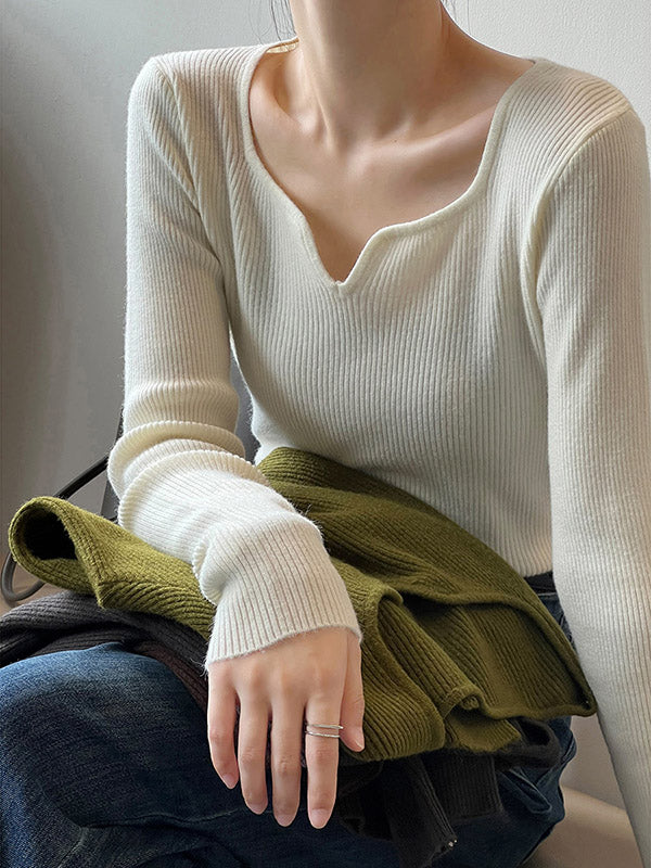 Urban Skinny Long Sleeves Elasticity Solid Color V-Neck Sweater Tops Pullovers