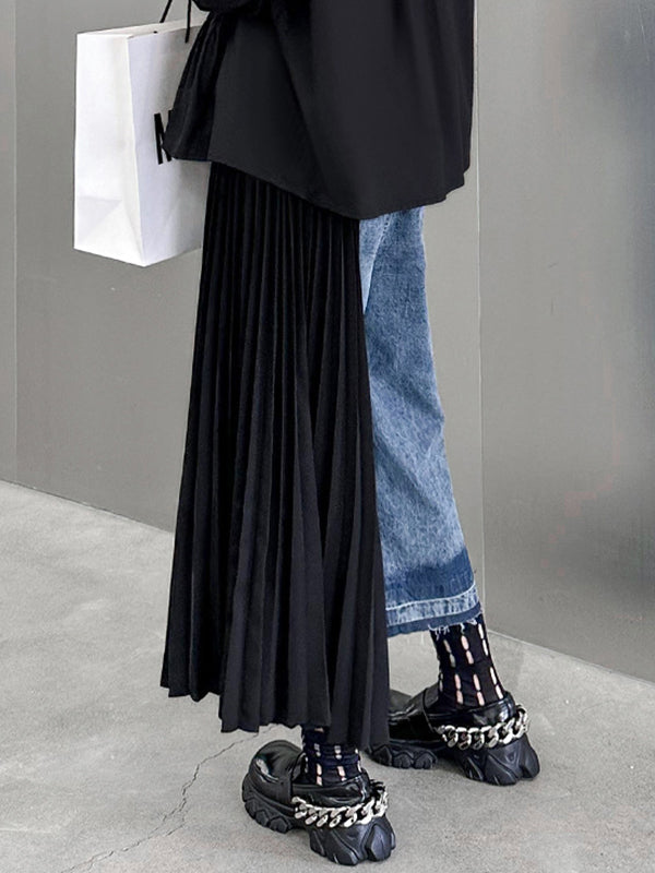 Contrast Color Pleated Split-Joint Loose Ninth Pants Jean Pants Bottoms
