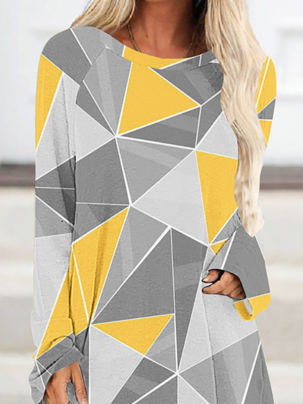 Plaid Printed High-low Long Sleeves Round-neck T-Shirts Tops