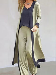Loose Contrast Color Long Sleeves Outer Wear + V-Neck Inner Vest + Pants Bottom Three Pieces Set