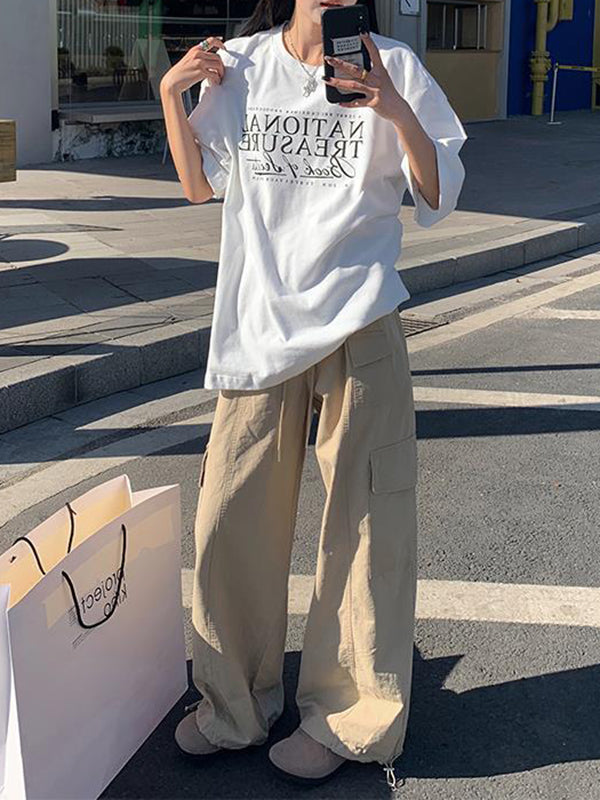 Drawstring Elasticity Pockets Solid Color Split-Joint High Waisted Loose Trousers Pants