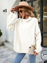 Loose Long Sleeves Solid Color High-Neck With Pockets Sweater Tops