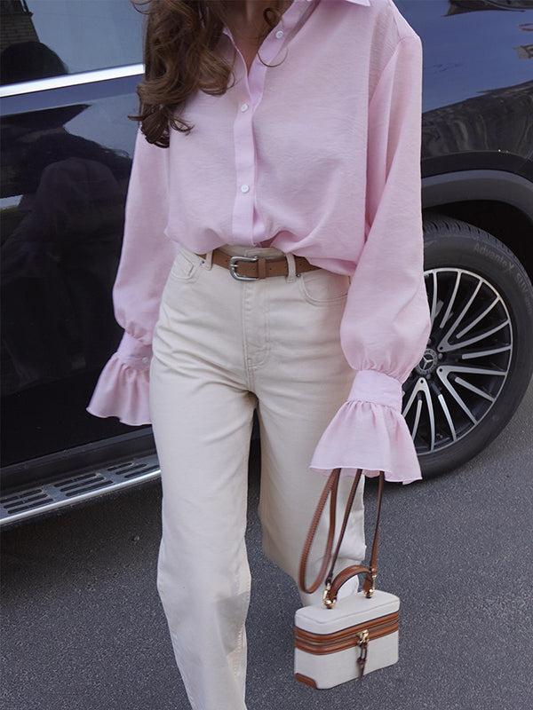 Pleated Solid Color Split-Joint Loose Puff Sleeves Lapel Blouses&shirts Tops