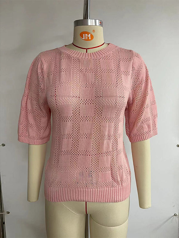 Hollow Solid Color Loose Round-neck T-Shirts Tops