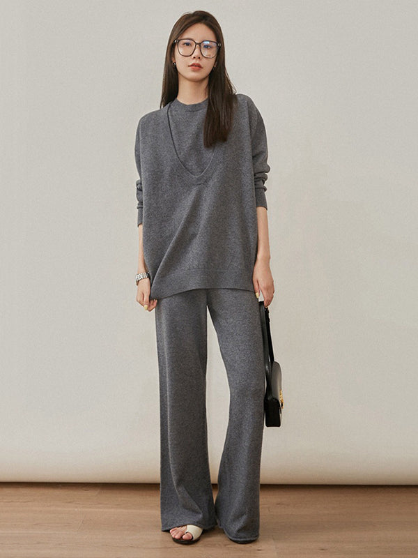 Urban Loose Solid Round-Neck Vest Top& V-Neck Sweater Tops& Wide Leg Pants Three-Piece Set