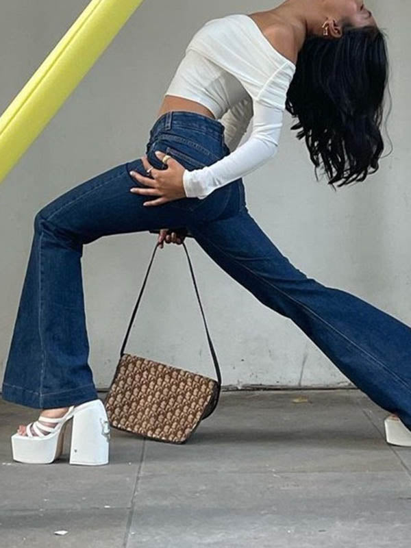 Pleated See-Through Solid Color Split-Joint Skinny Off-the-shoulder T-shirts
