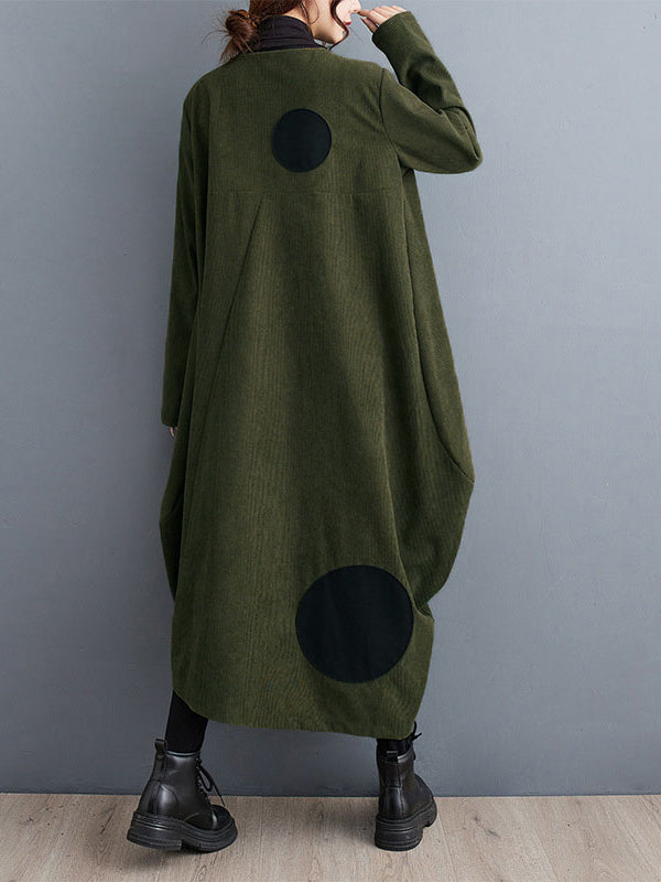 Asymmetric Pleated Polka-Dot Split-Joint Zipper Long Sleeves Loose High-neck Outerwear Midi Dresses