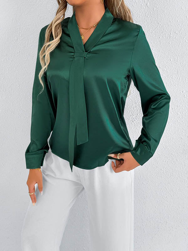 Solid Color Split-Joint Streamer Long Sleeves Loose Scarf Collar Blouses&Shirts Tops