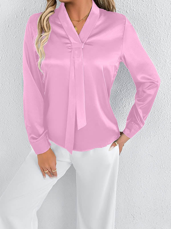Solid Color Split-Joint Streamer Long Sleeves Loose Scarf Collar Blouses&Shirts Tops