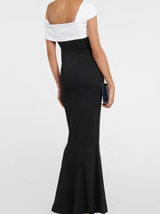 Contrast Color Split-Joint Short Sleeves Skinny One-Shoulder Maxi Dresses Evening Dresses