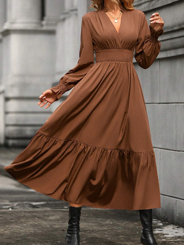 Elasticity Pleated Solid Color A-Line Flared Sleeves V-Neck Midi Dresses