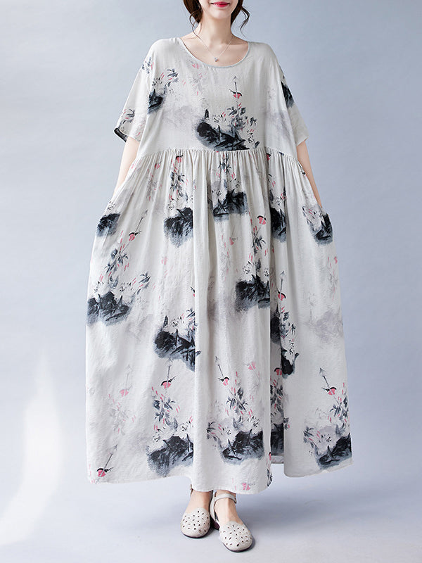 Pleated Printed Split-Joint Loose Short Sleeves Round-neck Midi Dresses