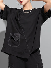 Asymmetric Solid Color Split-Joint Loose Short Sleeves Round-Neck T-Shirts Tops