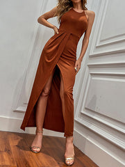 Backless Solid Color Split-Front High Waisted Sleeveless Halter-Neck Midi Dresses