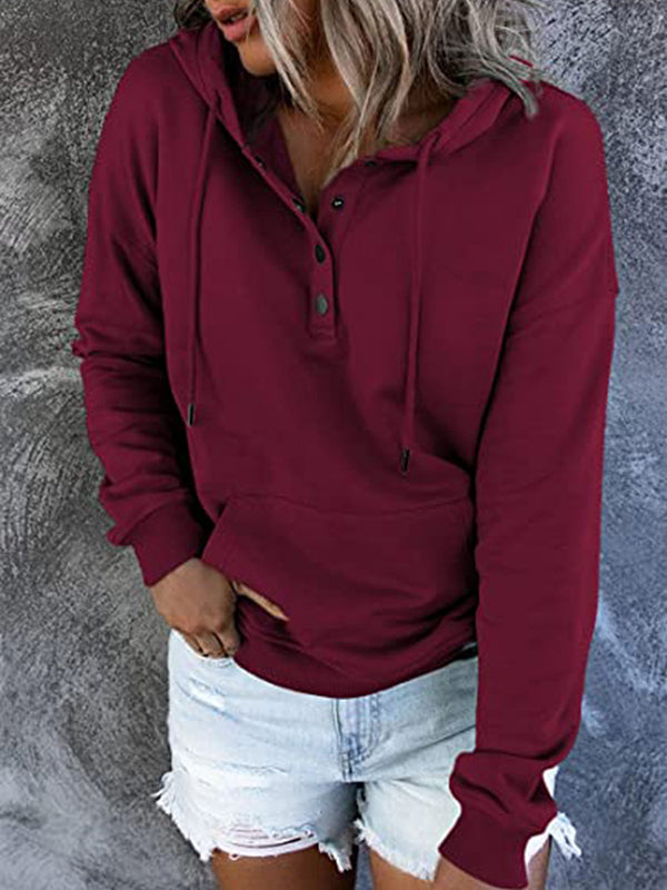 Drawstring Pockets Split-Joint Long Sleeves Loose Hooded Hoodies Tops