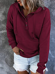 Drawstring Pockets Split-Joint Long Sleeves Loose Hooded Hoodies Tops