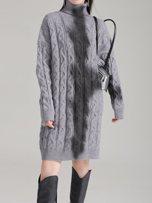 Contrast Color Long Sleeves Loose High Neck Sweater Dresses Mini Dresses