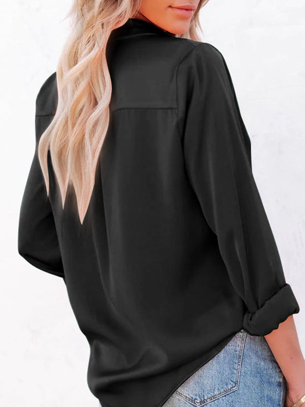 Urban Simple Long Sleeves Solid Color Lapel Blouses Top