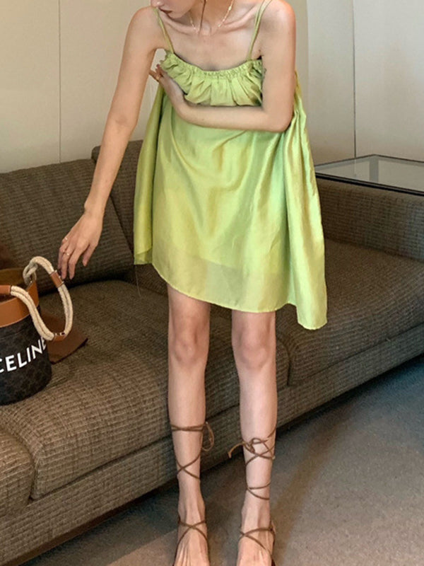 Pleated Solid Color Loose Sleeveless Spaghetti-Neck Slip Dress Mini Dresses
