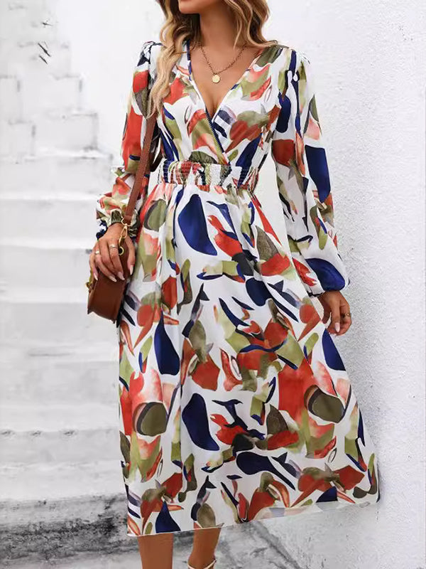 Elasticity Printed Split-Joint A-Line Long Sleeves Deep V-Neck Midi Dresses