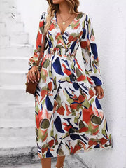 Elasticity Printed Split-Joint A-Line Long Sleeves Deep V-Neck Midi Dresses