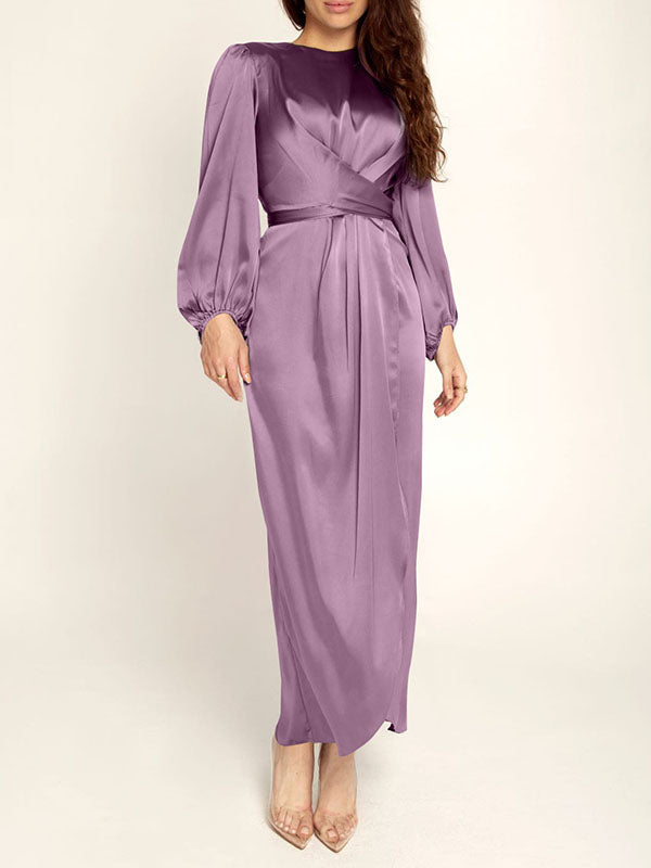 High-Waisted Solid Color Tied Waist Zipper Wrap Round-neck Maxi Dresses
