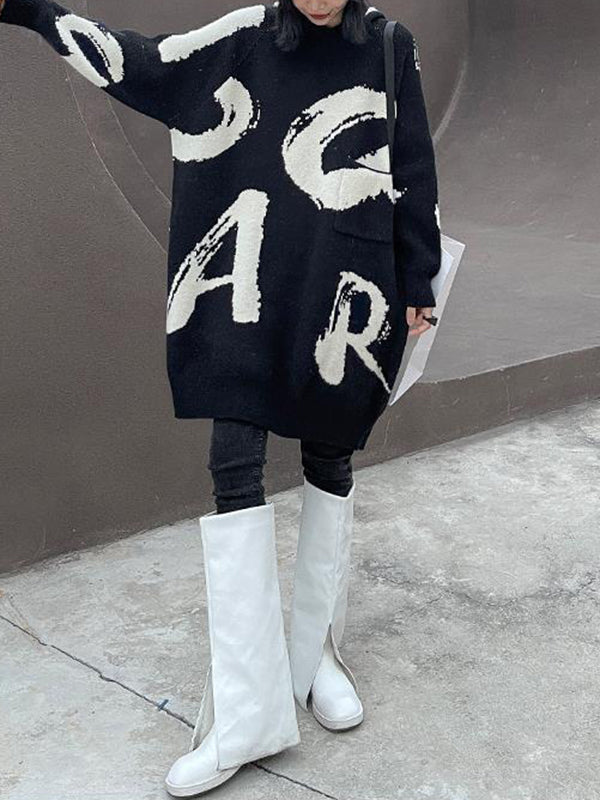 Knitted Letters Pockets Long Sleeves Loose Hooded Sweater Dresses Mini Dresses