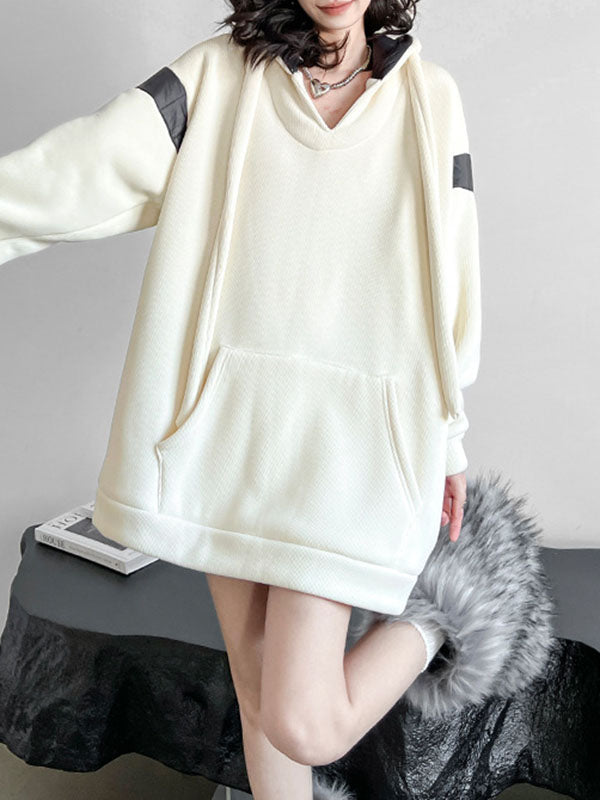 Contrast Color Drawstring Pockets Velvet Long Sleeves Loose Hoodies Tops